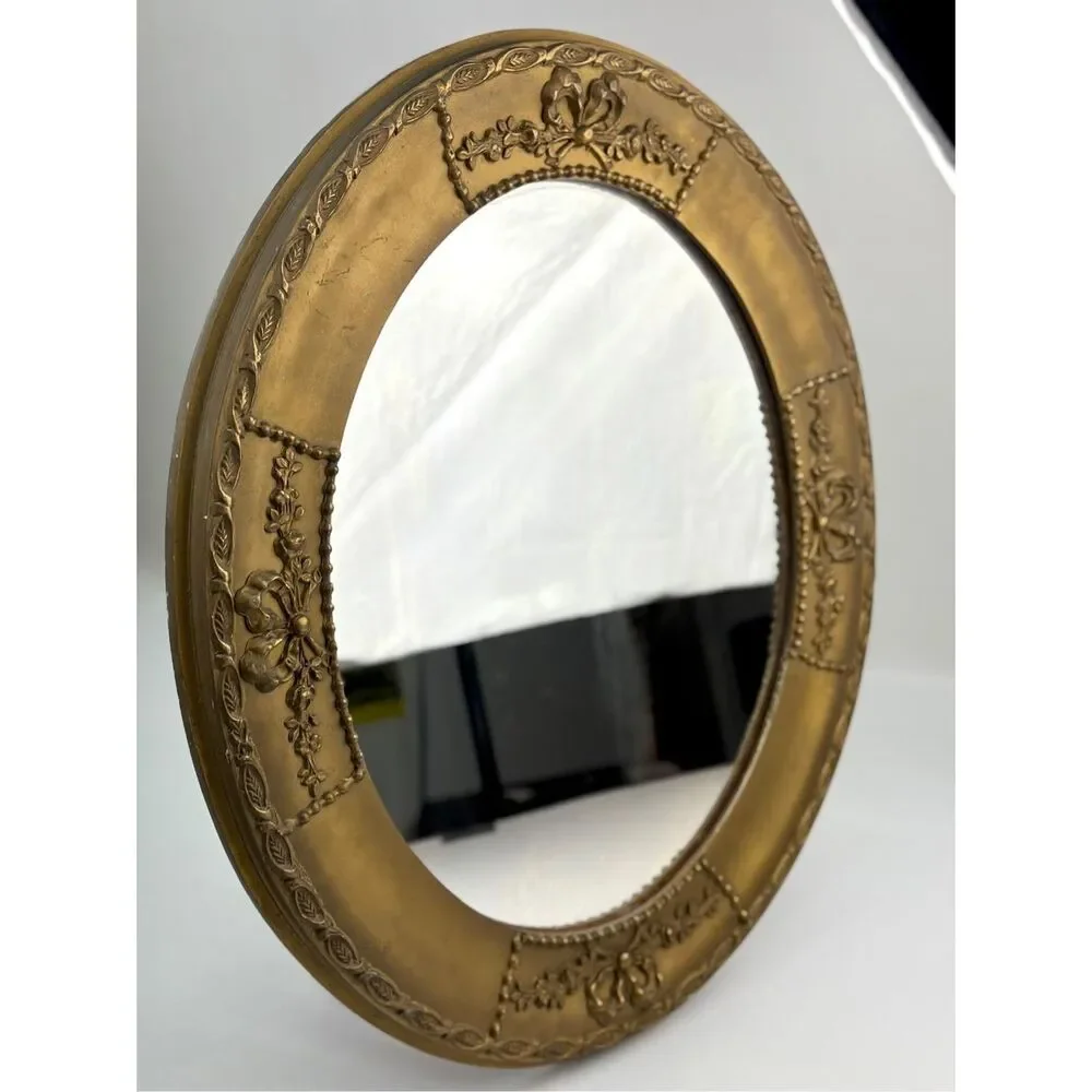 Antique Louis XVI Style Neoclassical Gilt Wood Gold Wall Mirror Ribbon Motif